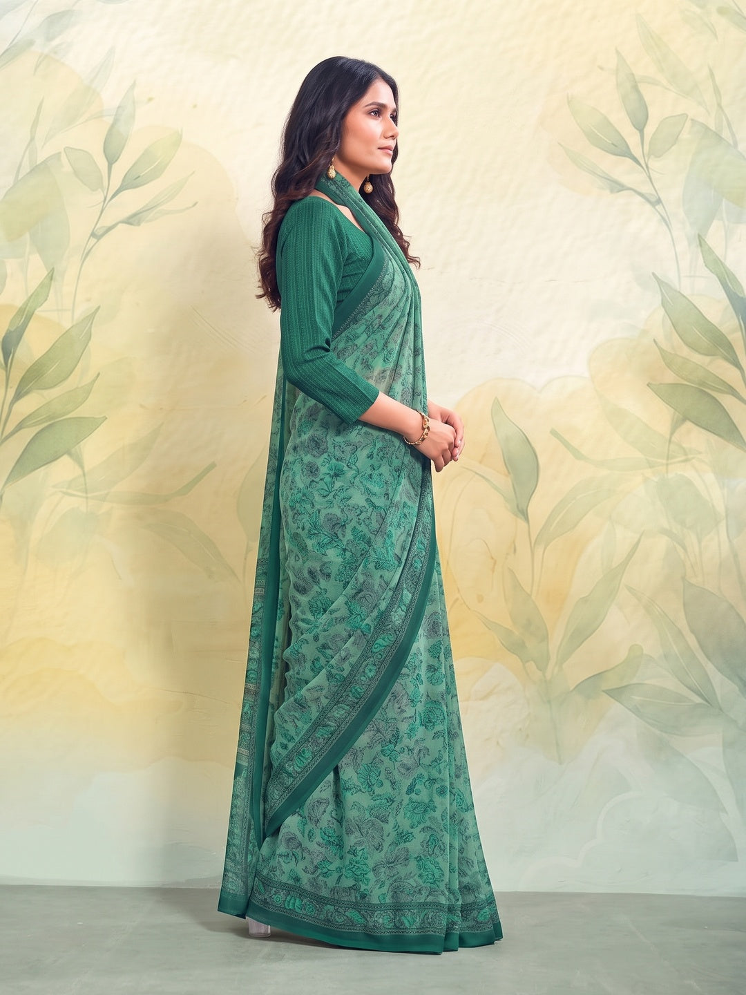 Peachmode Sea Green Printed Smart Chiffon Saree - Image 5