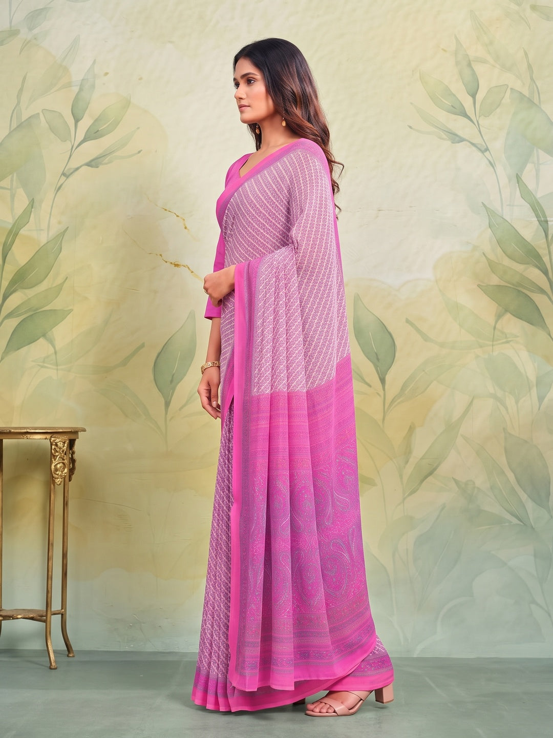 Peachmode Pink Printed Smart Chiffon Saree - Image 2