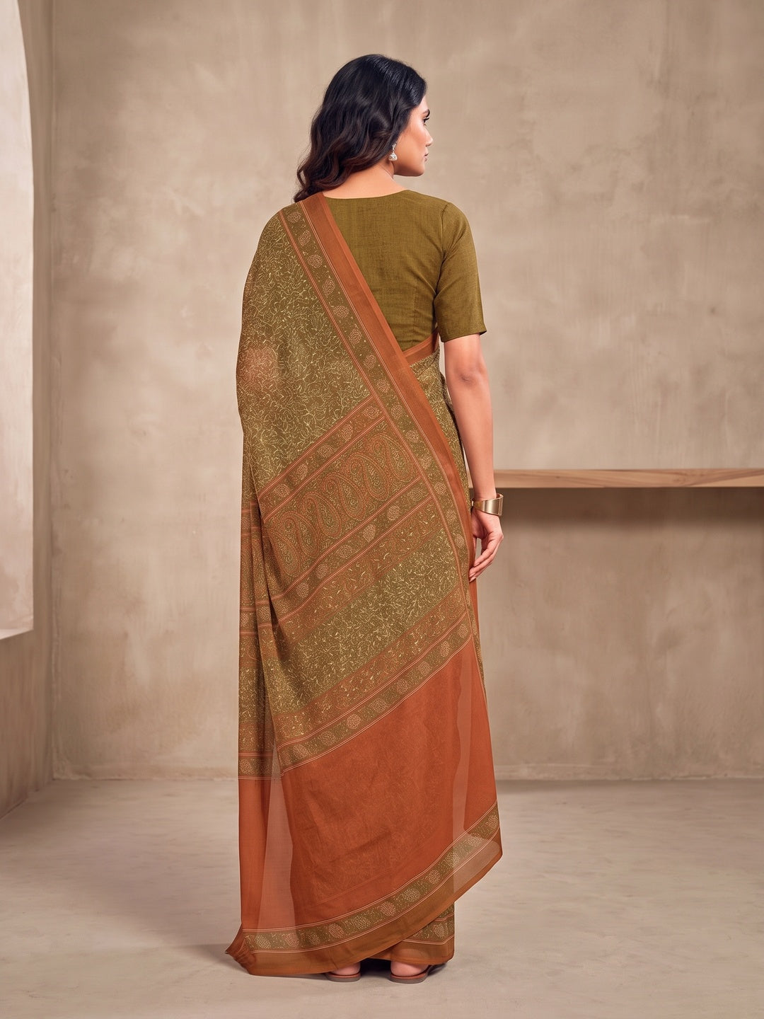 Peachmode Brown Printed Smart Chiffon Saree - Image 2