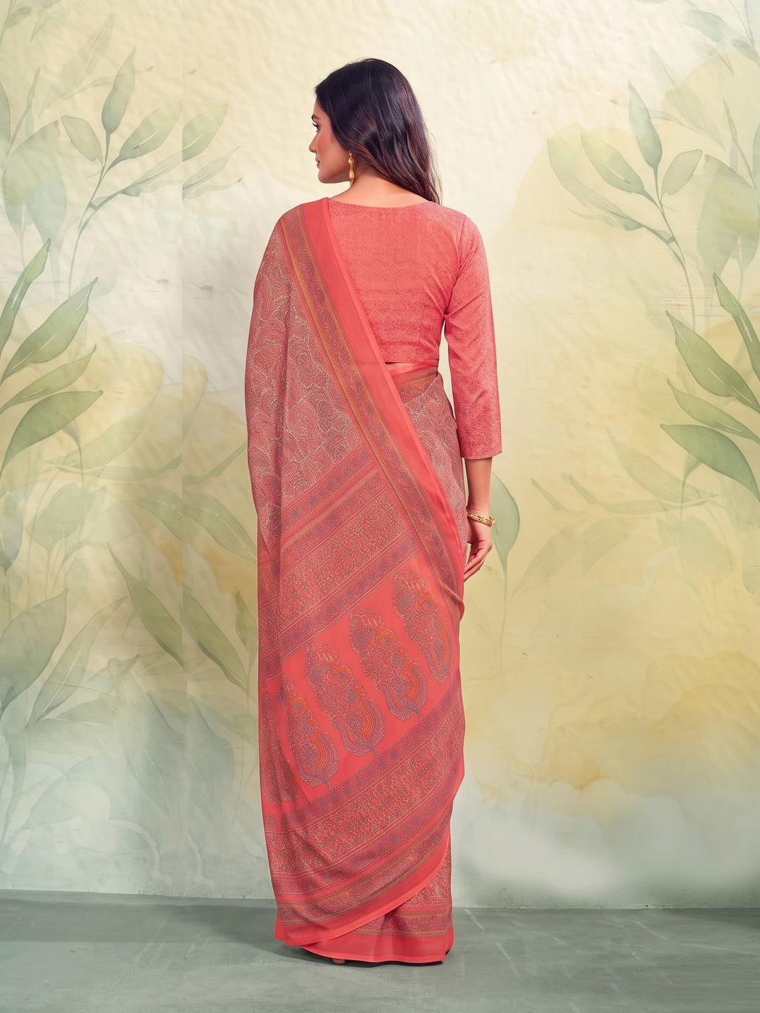 Peachmode Coral Printed Smart Chiffon Saree - Image 2