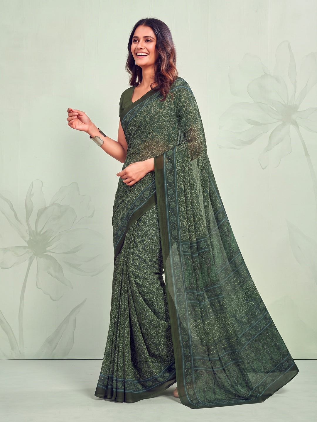 Peachmode Dark Green Printed Smart Chiffon Saree - Image 2