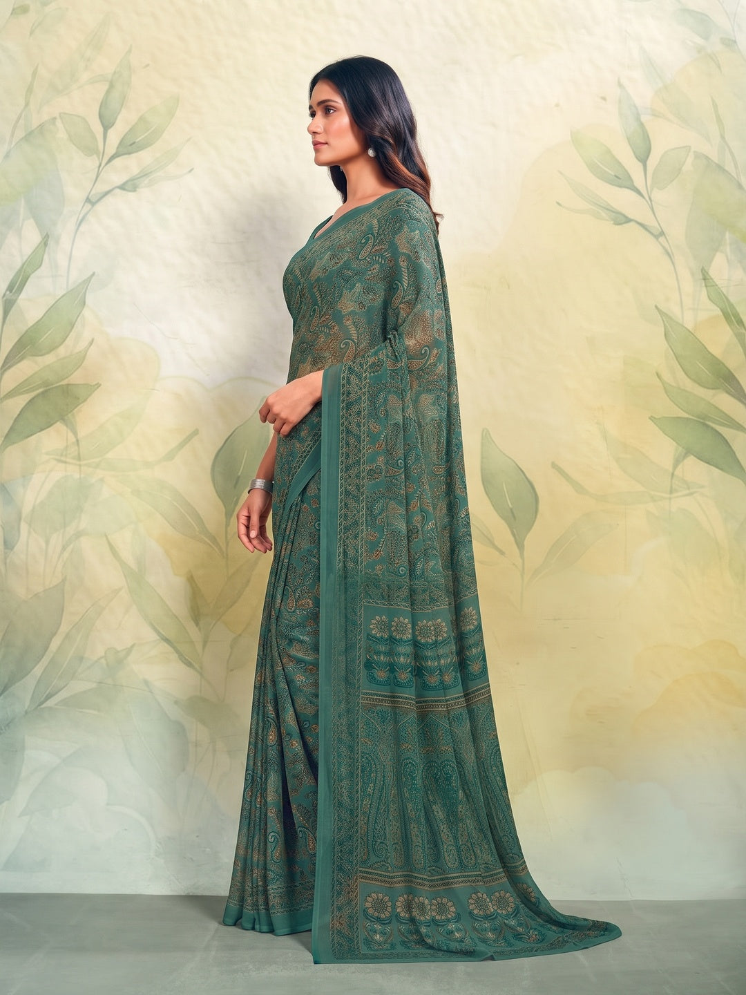 Peachmode Teal Printed Smart Chiffon Saree - Image 2