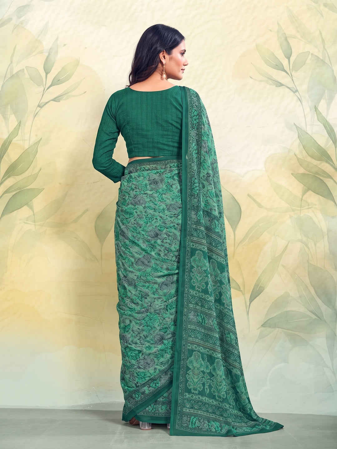 Peachmode Sea Green Printed Smart Chiffon Saree - Image 2