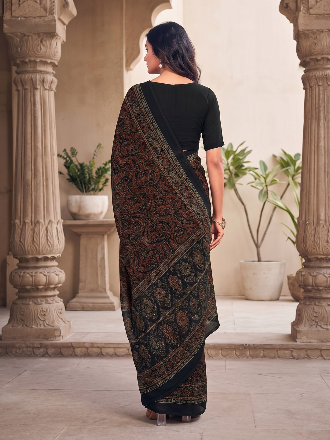 Peachmode Black Printed Smart Chiffon Saree - Image 2