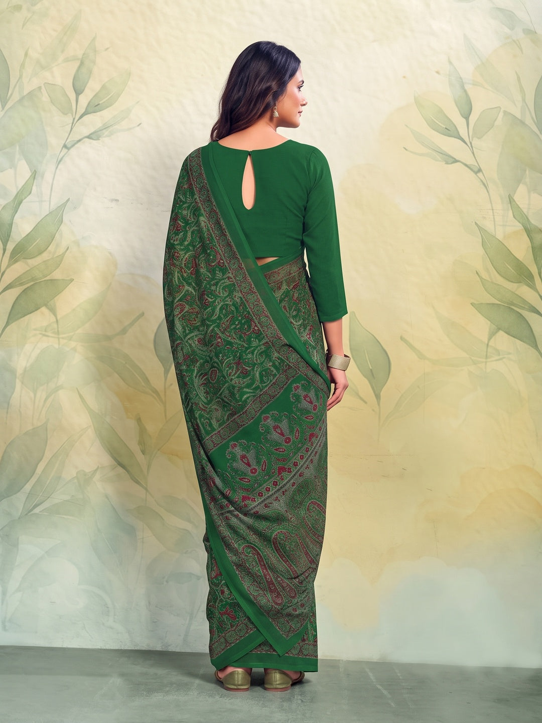 Peachmode Green Printed Smart Chiffon Saree - Image 2