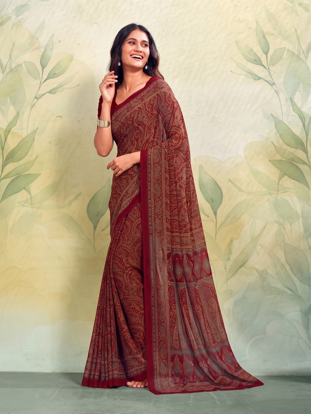 Peachmode Maroon Printed Smart Chiffon Saree - Image 2