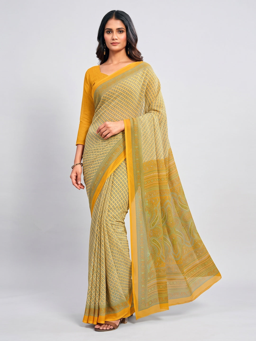Peachmode Mustard Printed Smart Chiffon Saree - Image 1