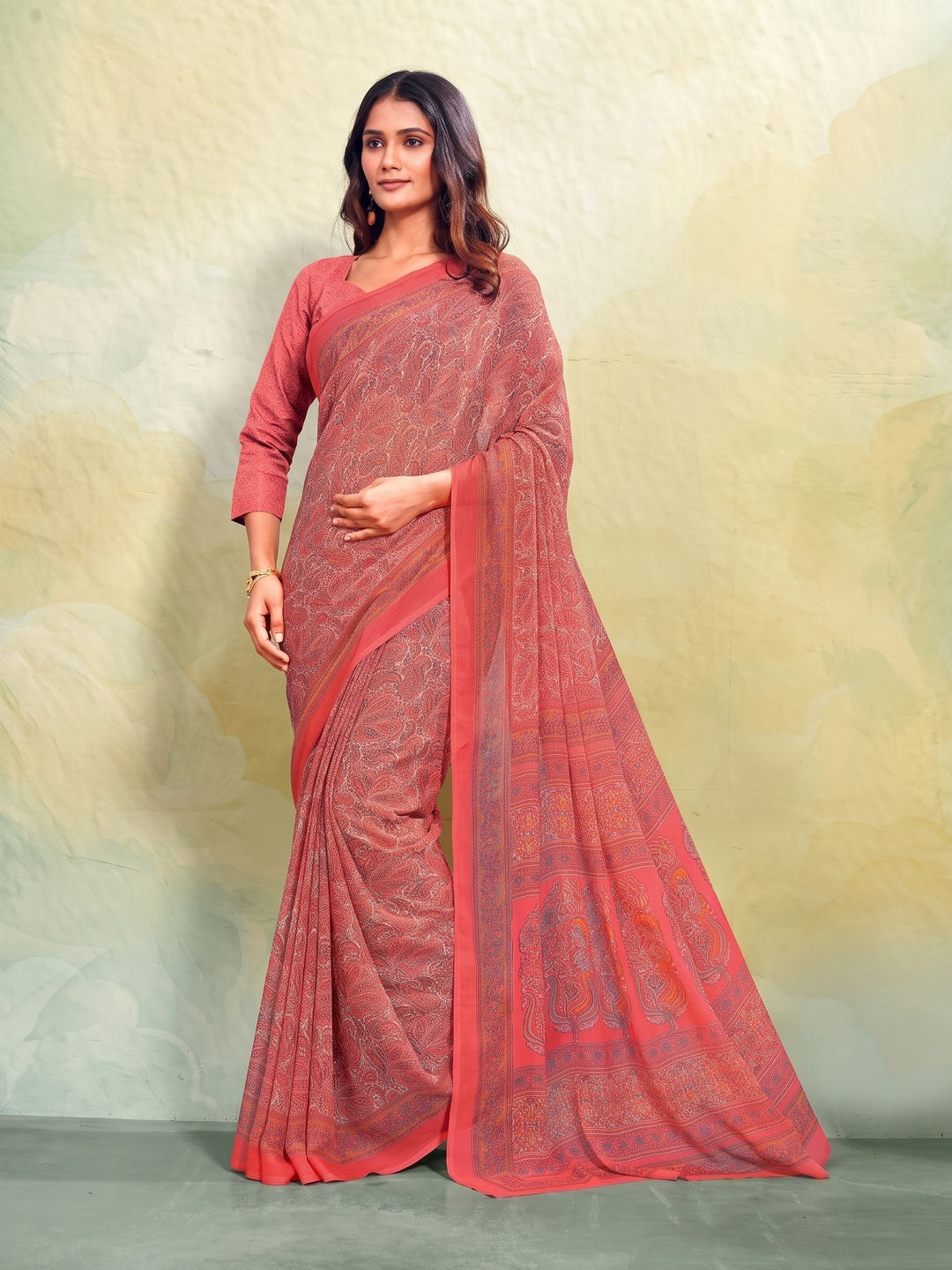 Peachmode Coral Printed Smart Chiffon Saree - Image 1