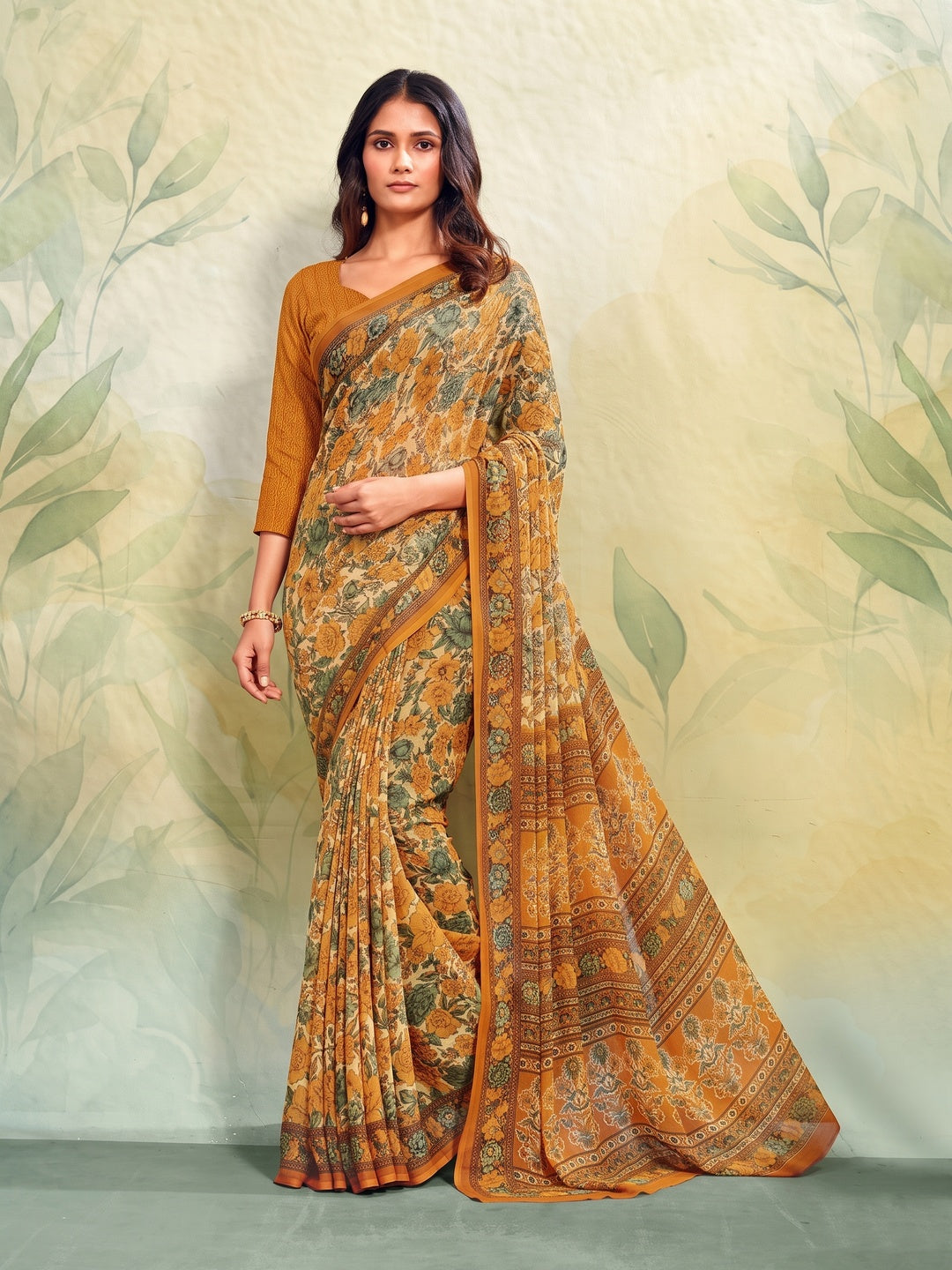 Peachmode Mustard Printed Smart Chiffon Saree - Image 1