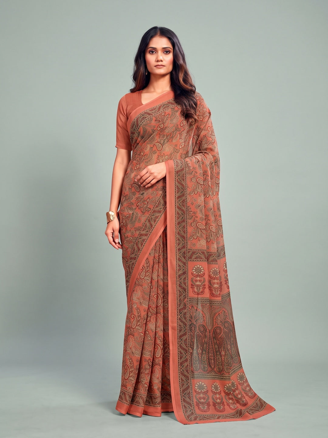 Peachmode Peach Printed Smart Chiffon Saree - Image 1
