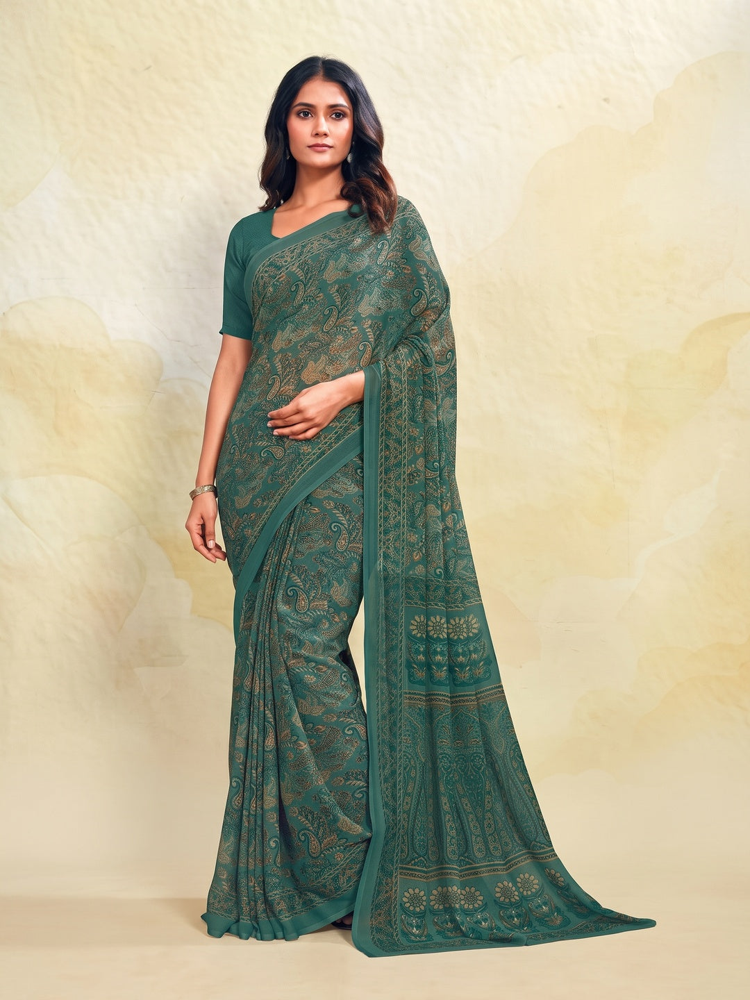 Peachmode Teal Printed Smart Chiffon Saree - Image 1