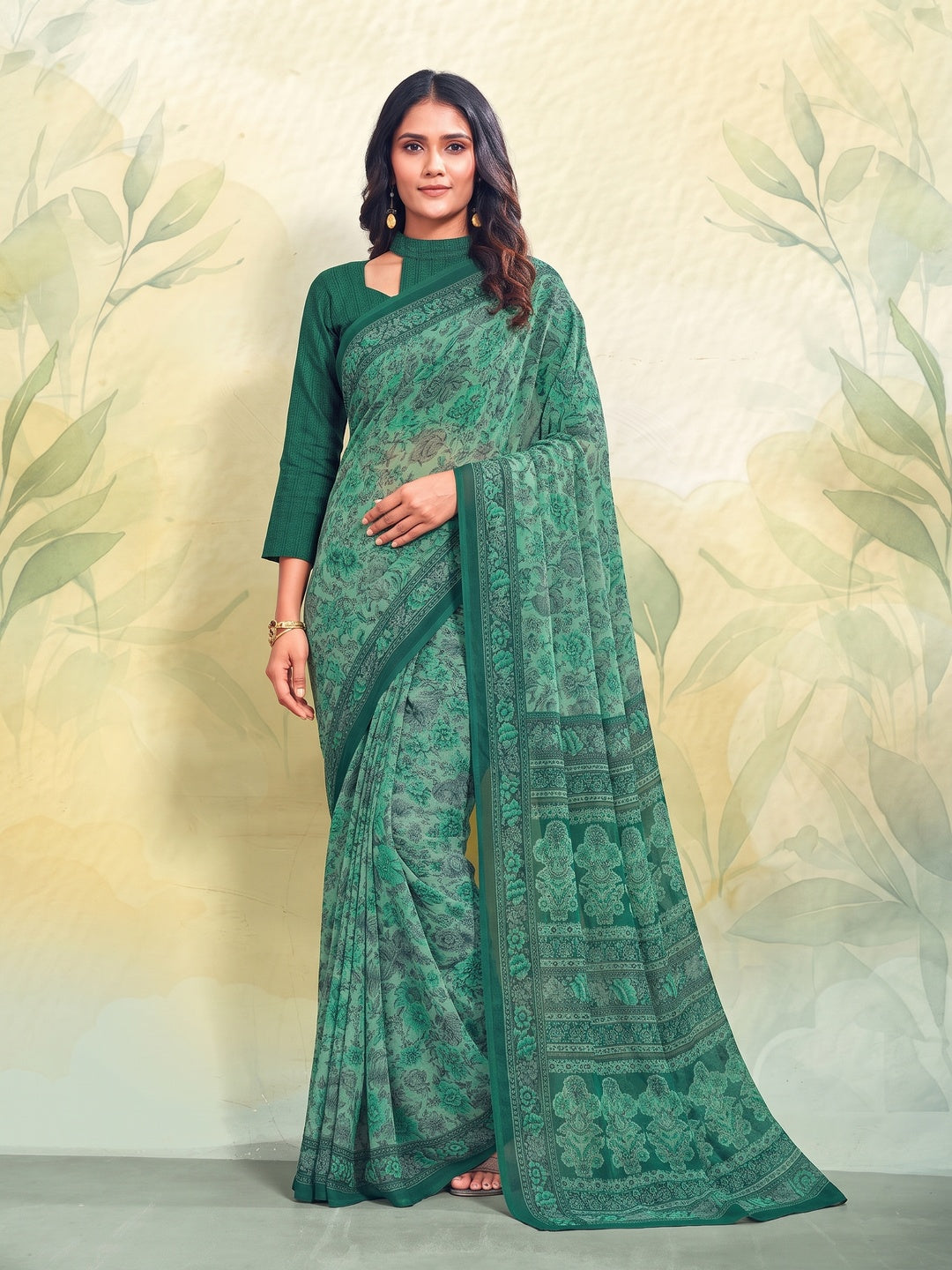 Peachmode Sea Green Printed Smart Chiffon Saree - Image 1