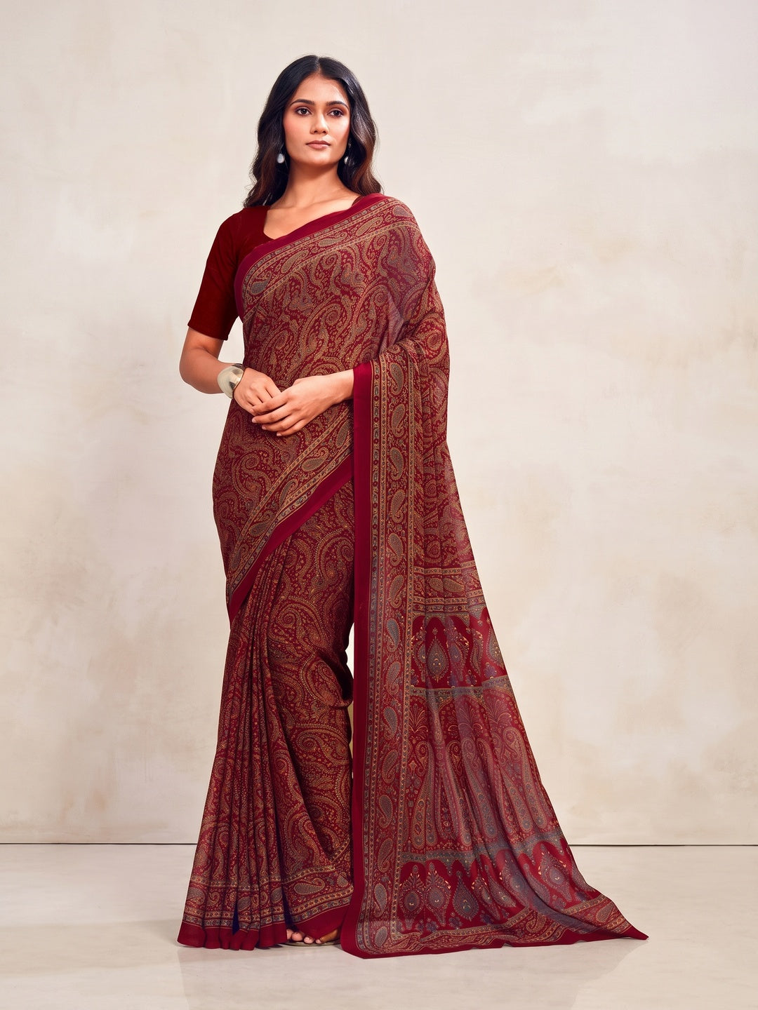 Peachmode Maroon Printed Smart Chiffon Saree - Image 1