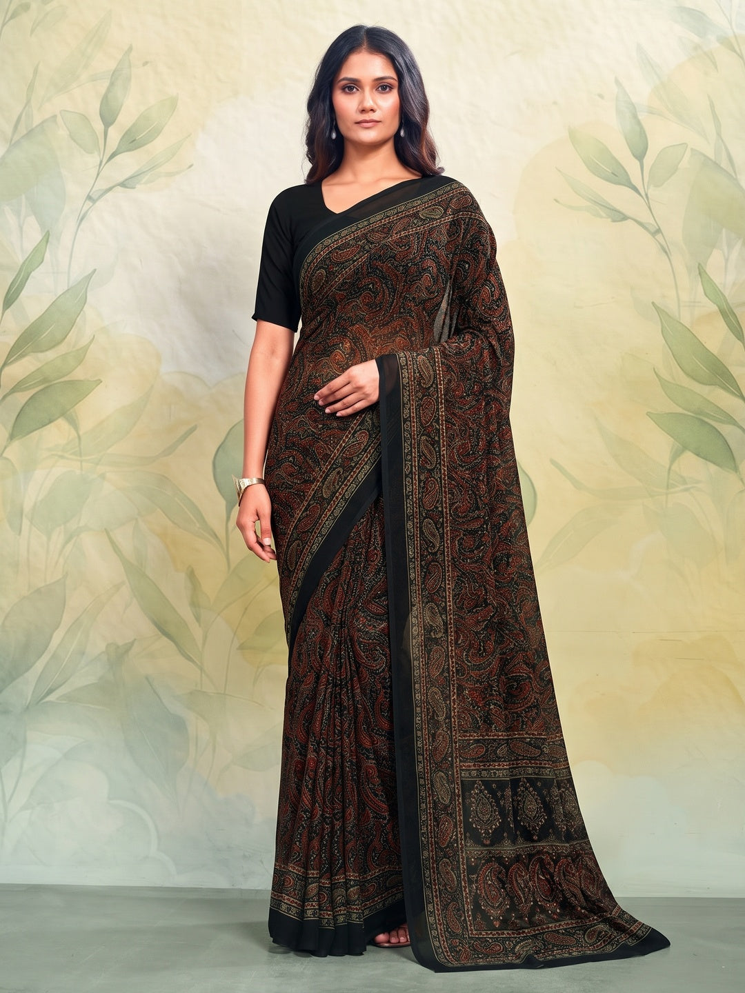Peachmode Black Printed Smart Chiffon Saree - Image 1