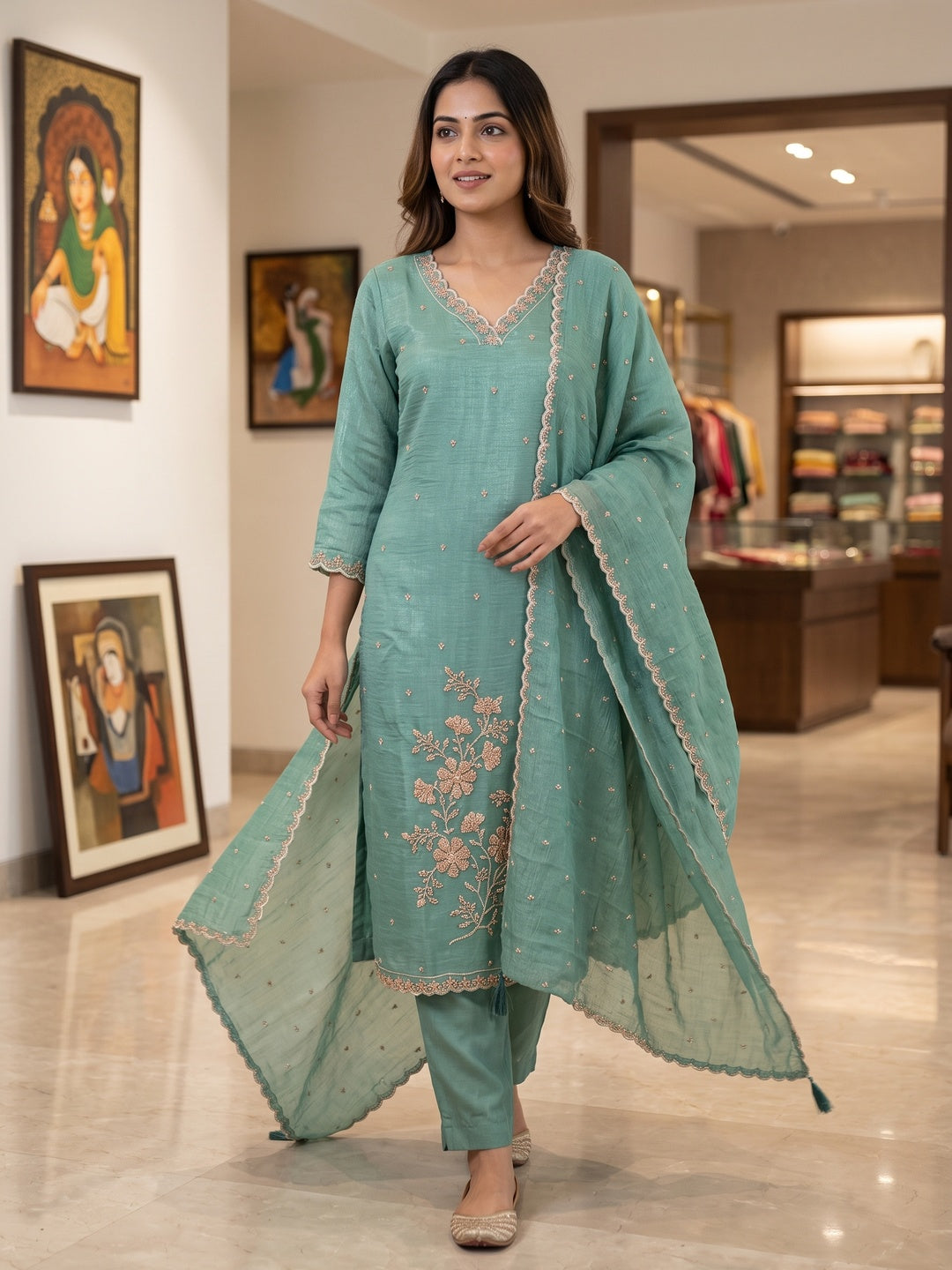 Sea Green Embellished Poly Blend Salwar Suit Set with Dupatta - Image 1