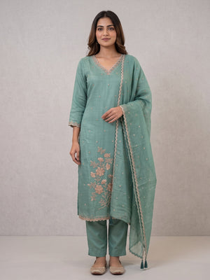 Sea Green Embellished Poly Blend Salwar Suit Set with Dupatta - Image 2
