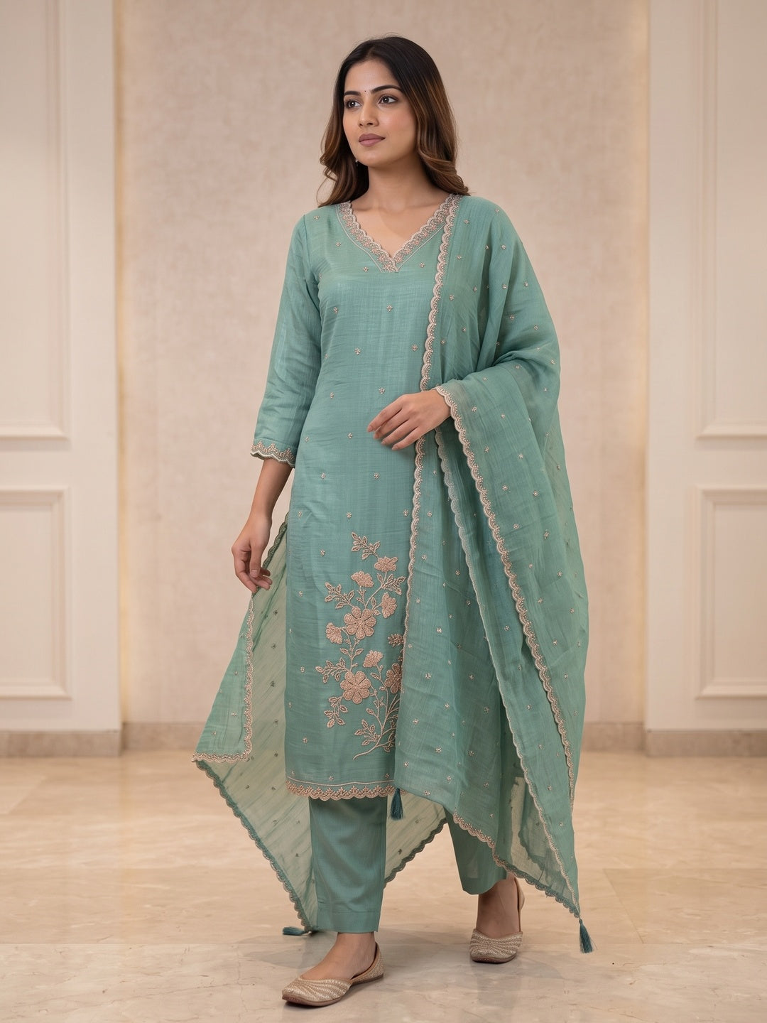 Sea Green Embellished Poly Blend Salwar Suit Set with Dupatta - Image 3