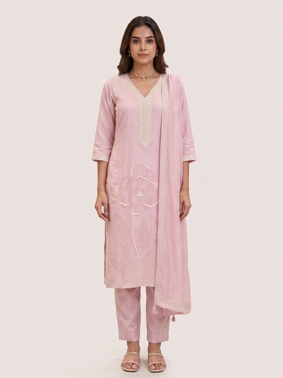 Pink Vichitra Silk Floral Embroidered Salwar Suit Set - Image 2