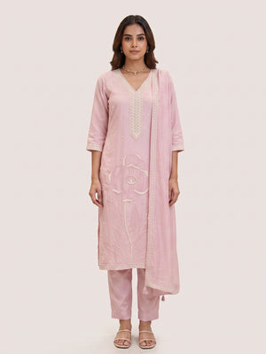 Peachmode Pink Vichitra Silk Floral Embroidered Salwar Suit Set - Image 2