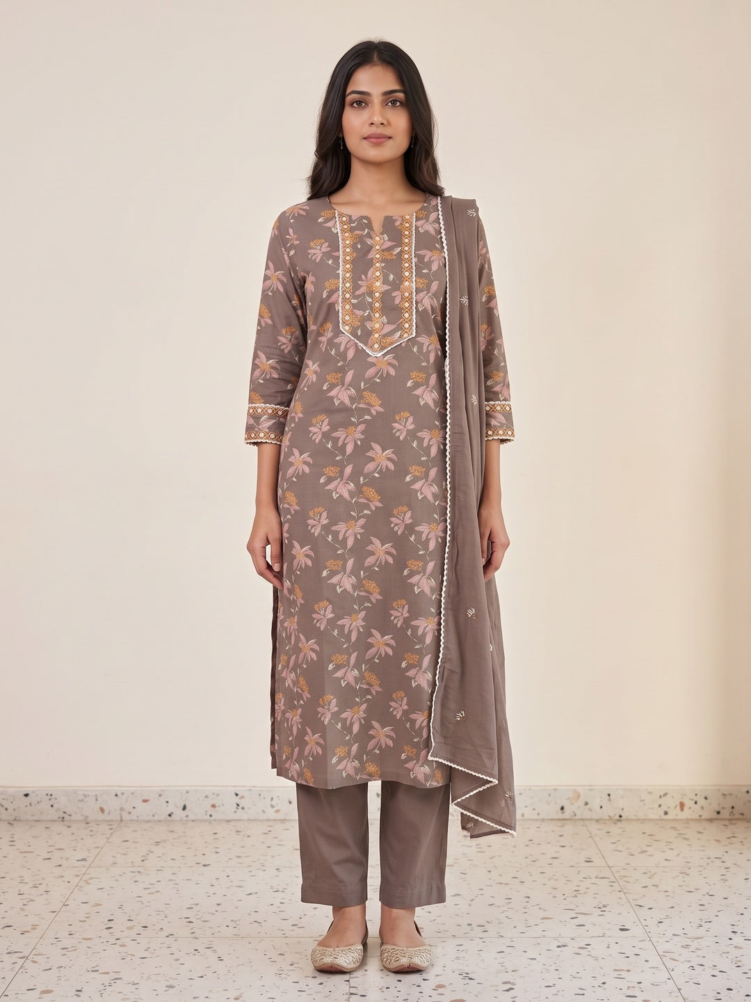 Coffee Pure Cotton Floral Printed and Embroidered Salwar Suit Set - Image 2