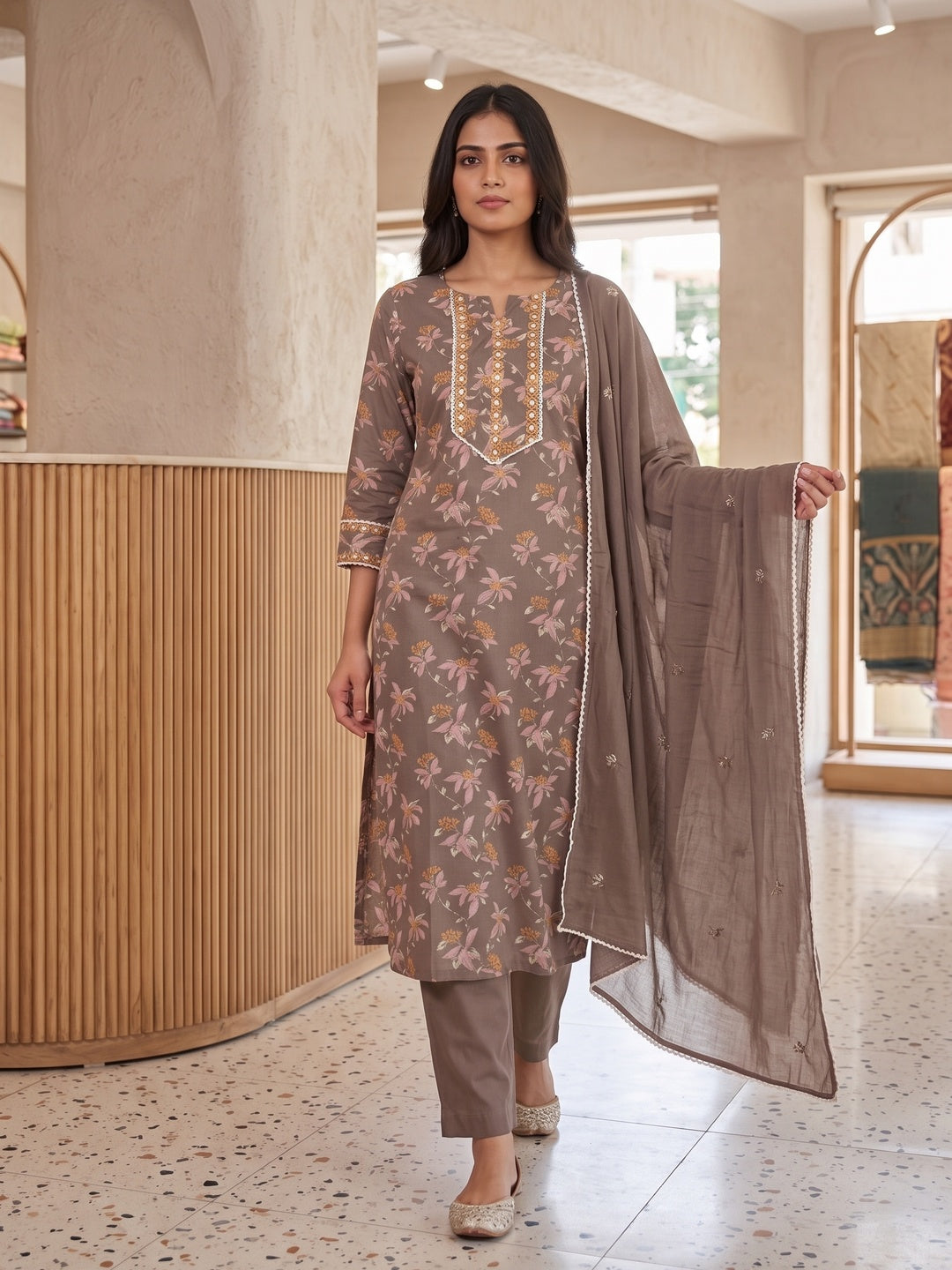 Coffee Pure Cotton Floral Printed and Embroidered Salwar Suit Set - Image 3