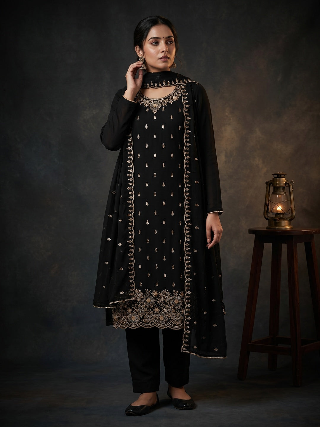 Black Floral Sequins Embroidered Georgette Dress Material - Image 1