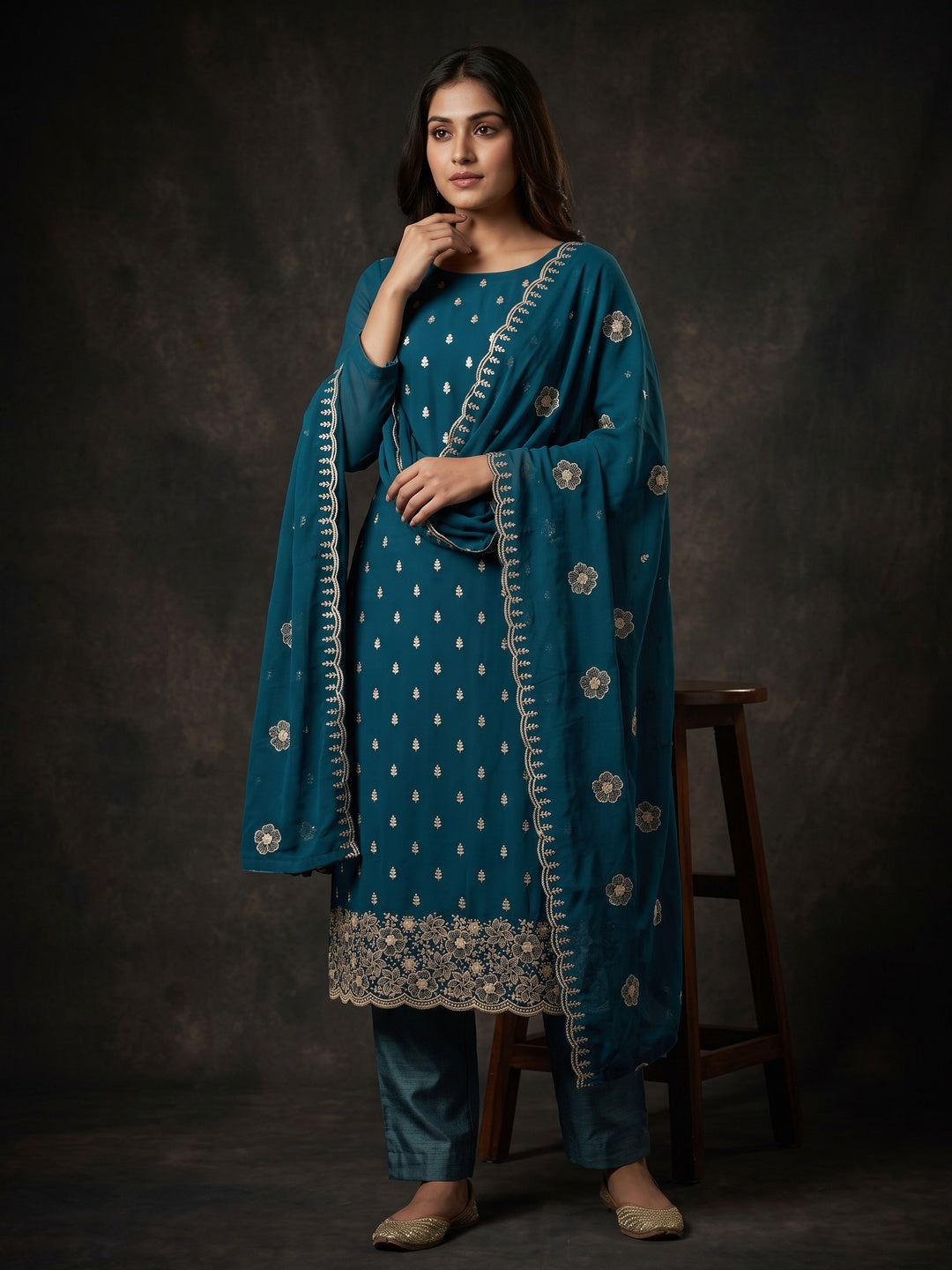 Blue Floral Sequins Embroidered Georgette Dress Material - Image 1