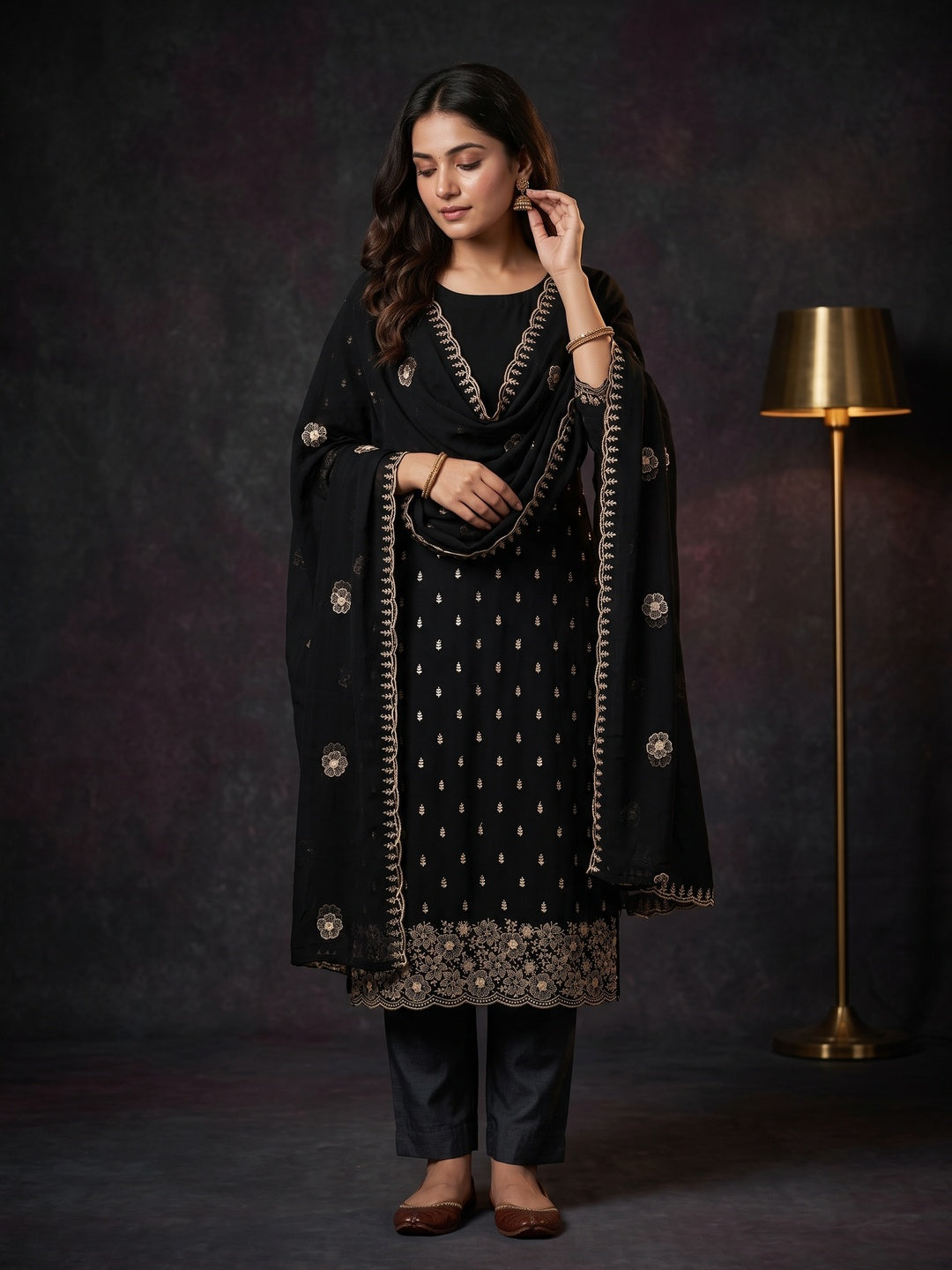 Black Floral Sequins Embroidered Georgette Dress Material - Image 2