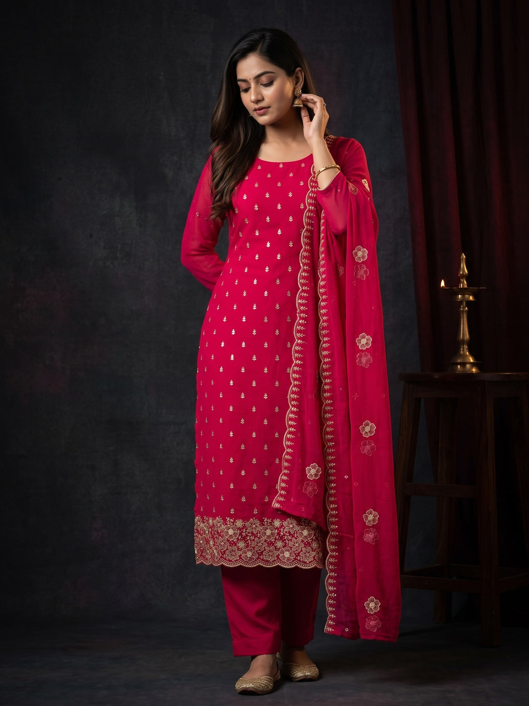 Pink Floral Sequins Embroidered Georgette Dress Material - Image 1