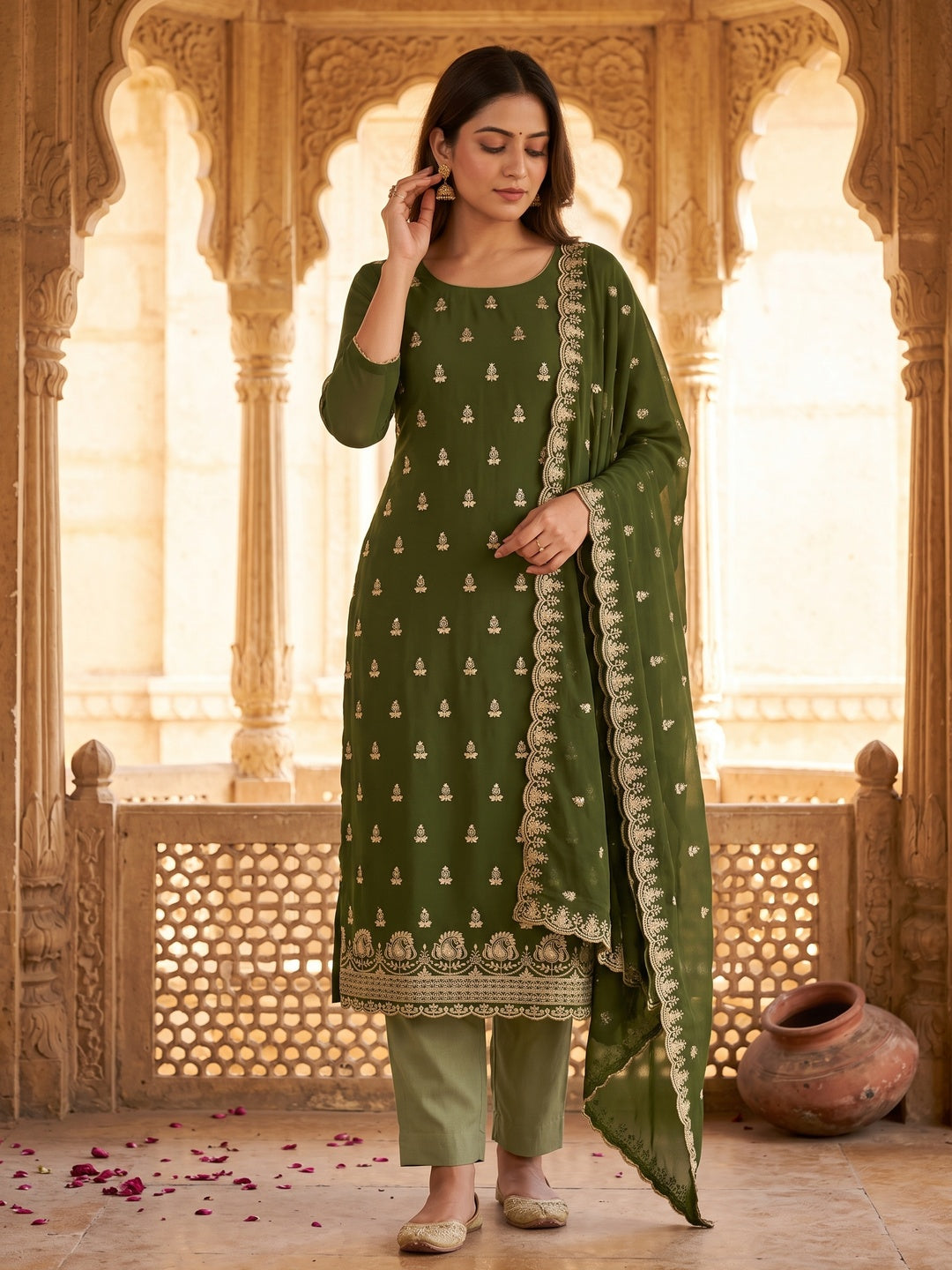 Green Georgette Dress Material with Sparkling Sequin Embroidery - Image 1
