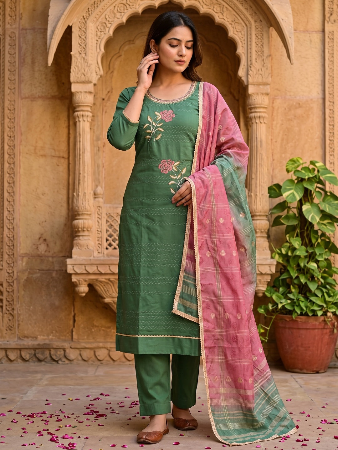 Green Suit Material in Cotton Blend with Beautifully Embroidered Floral Patterns - Image 1