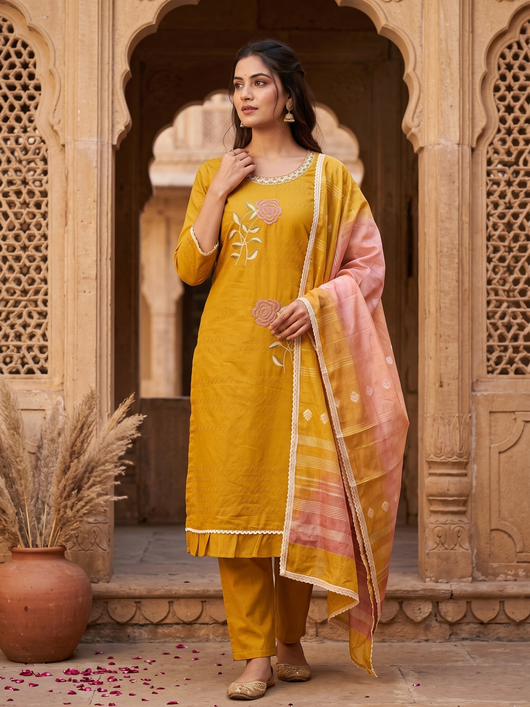 Mustard Suit Material in Cotton Blend with Beautifully Embroidered Floral Patterns - Image 1