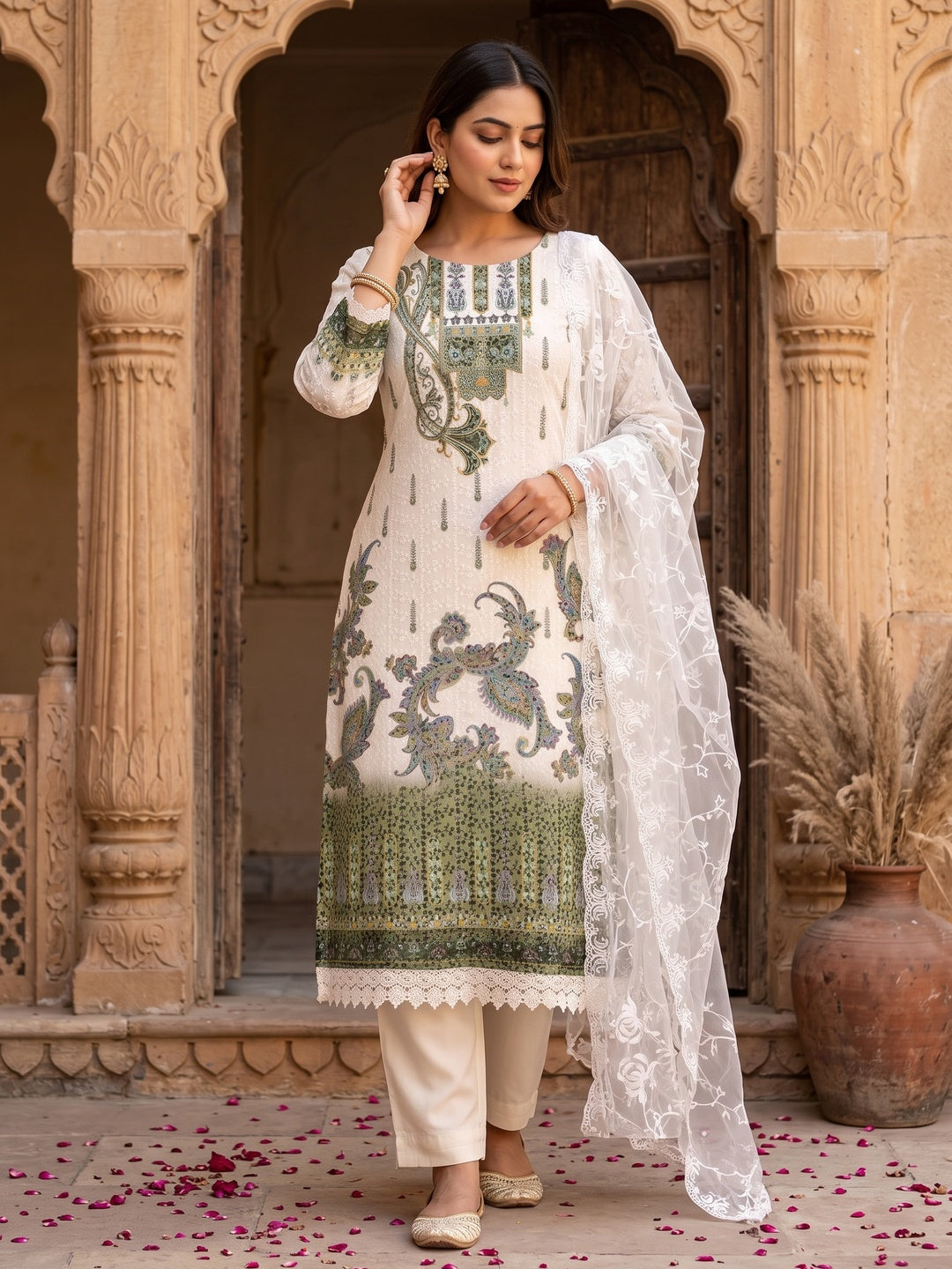 Cream And Green Schiffli Embroidered Heavy Georgette Dress Material - Image 1