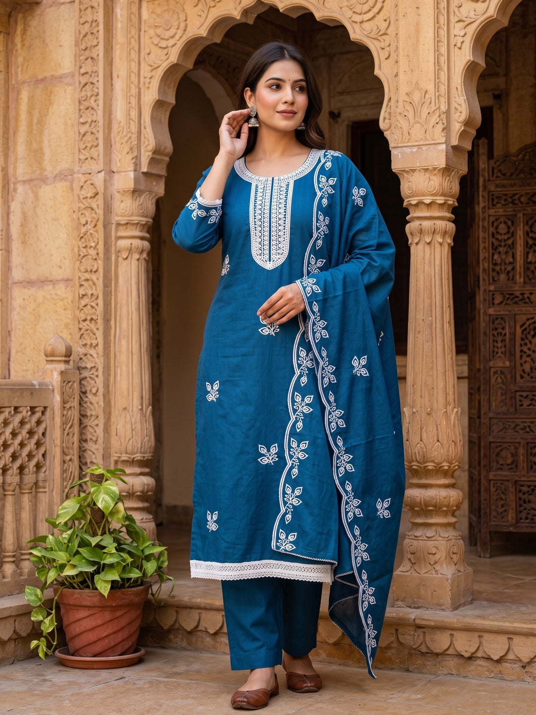 Blue Intricate Floral Embroidered Cotton Blend Dress Material - Image 1