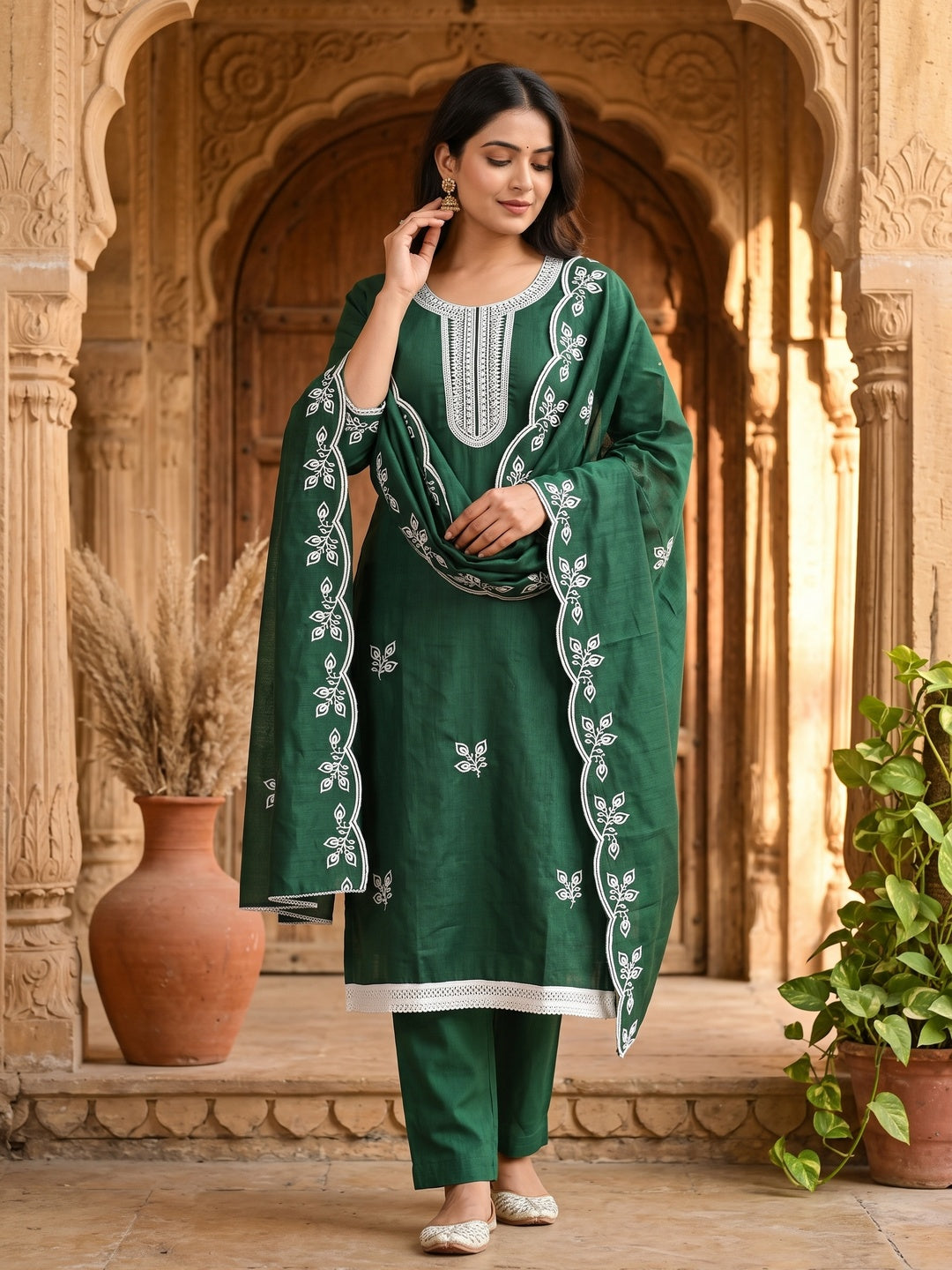Green Intricate Floral Embroidered Cotton Blend Dress Material - Image 1