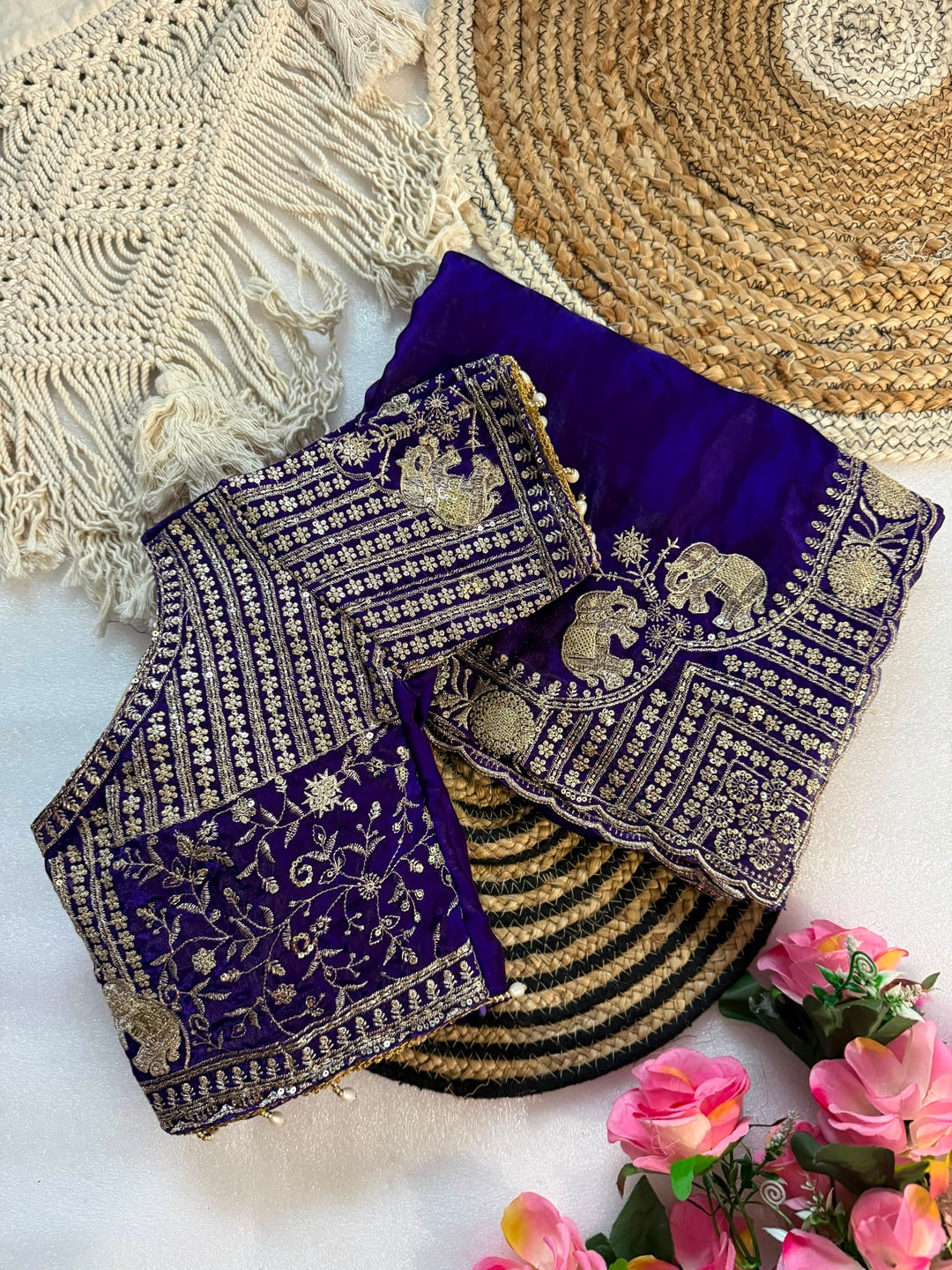 Peachmode Purple Mirror Embroidered Fandy Satin Saree - Image 2