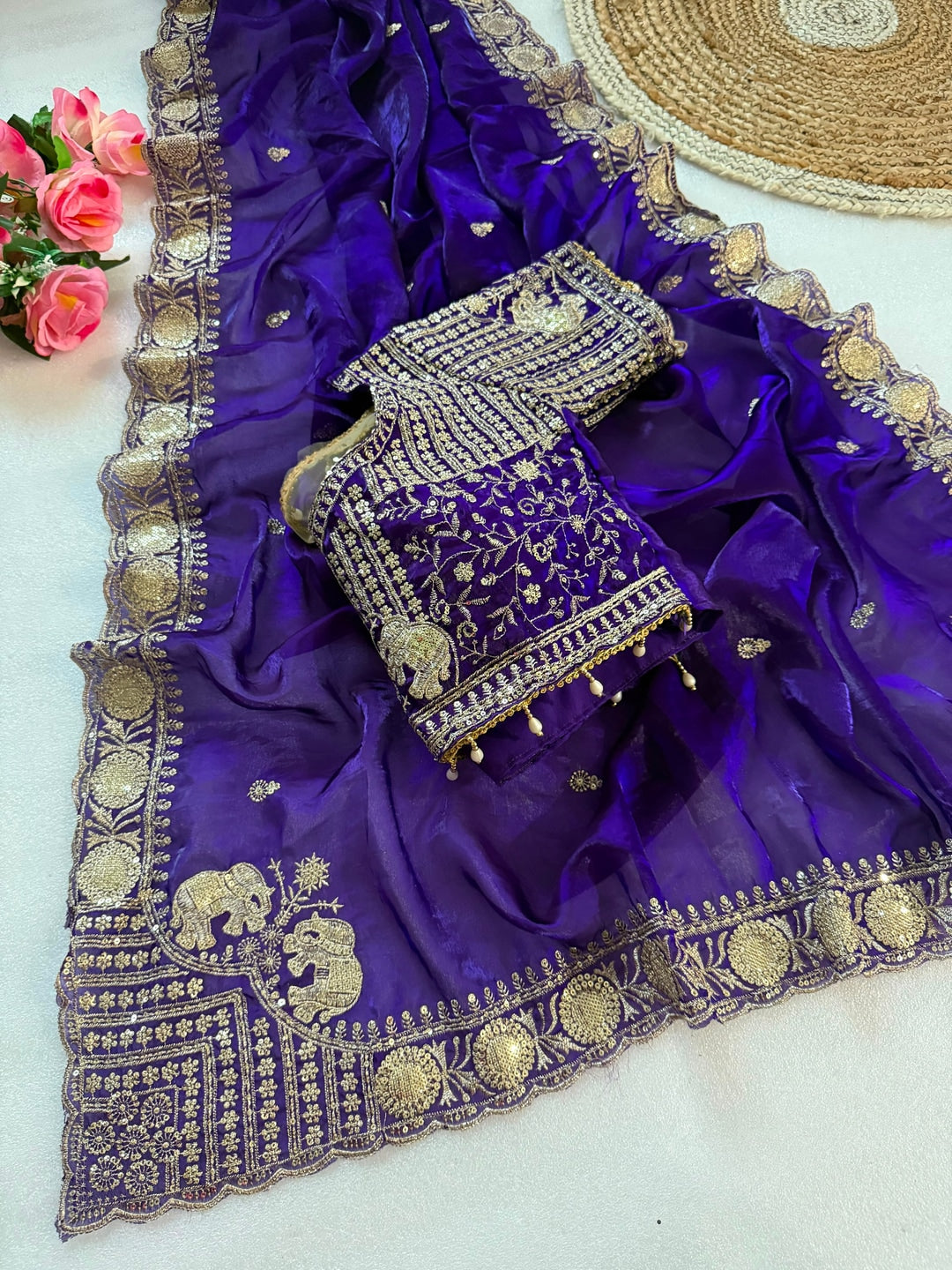 Peachmode Purple Mirror Embroidered Fandy Satin Saree - Image 3