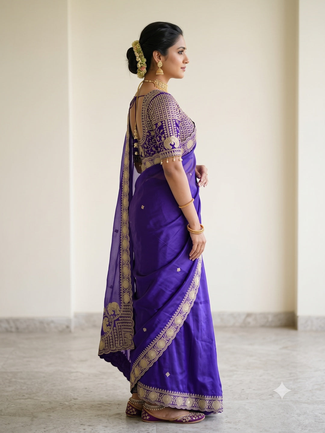 Peachmode Purple Mirror Embroidered Fandy Satin Saree - Image 4