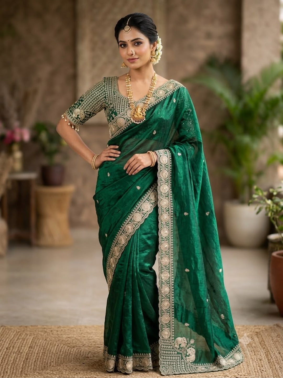 Peachmode Green Mirror Embroidered Fandy Satin Saree - Image 1