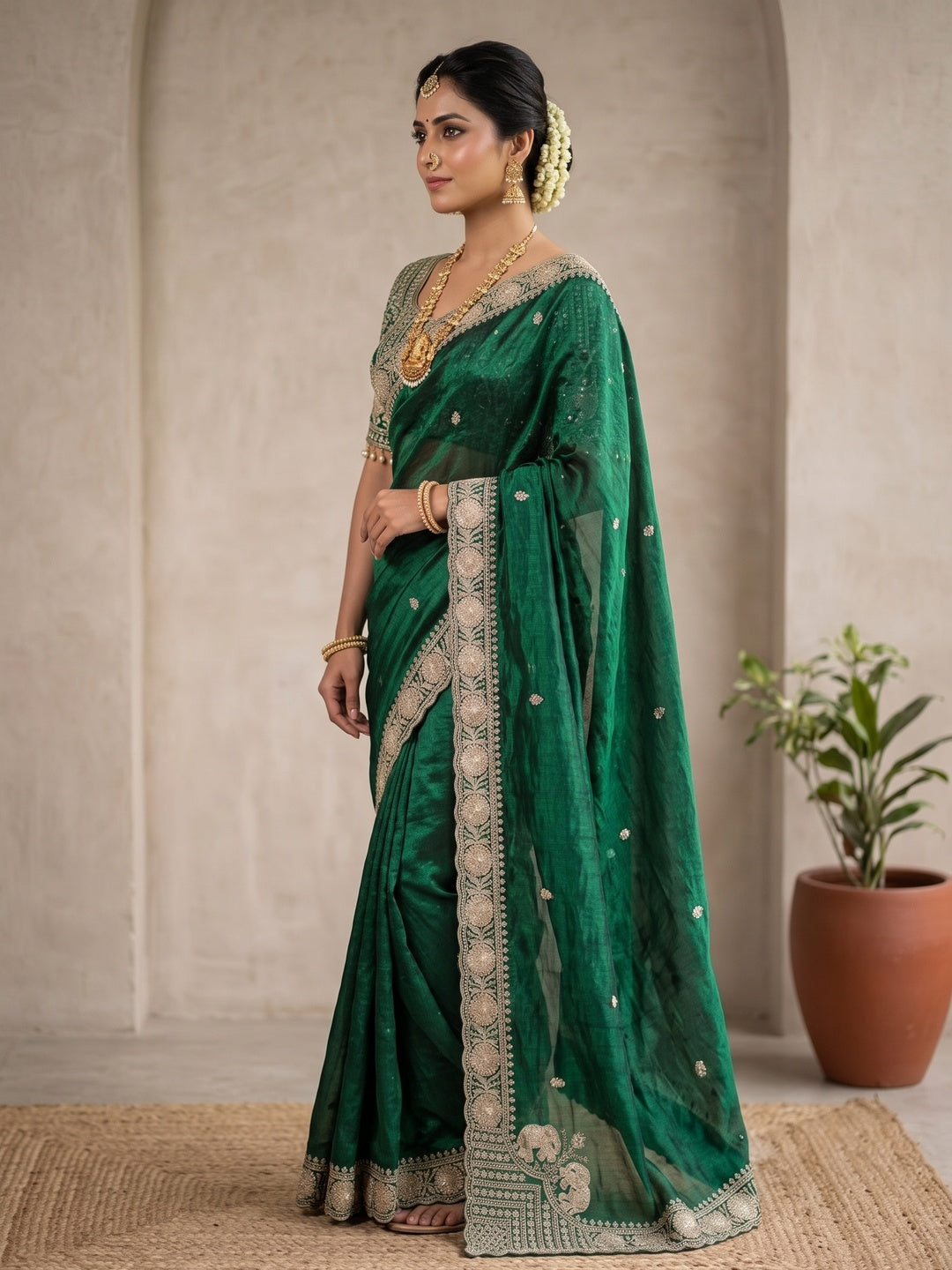 Peachmode Green Mirror Embroidered Fandy Satin Saree - Image 4