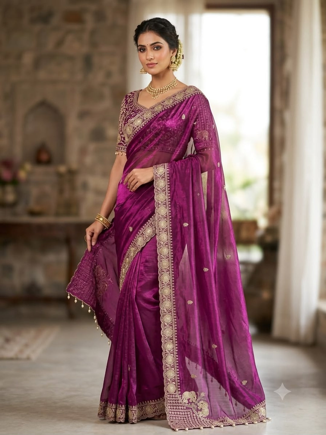 Peachmode Magenta Mirror Embroidered Fandy Satin Saree - Image 1
