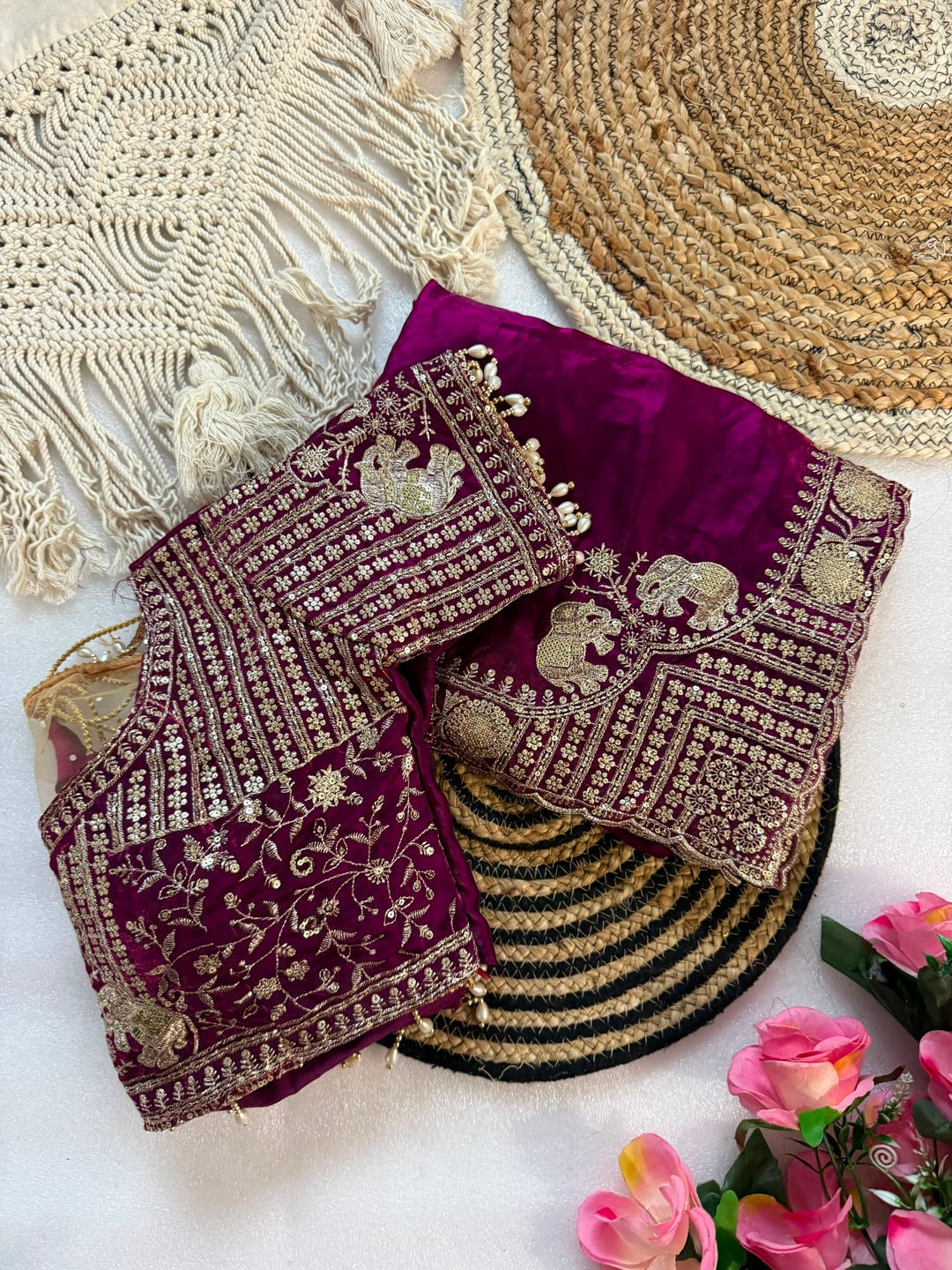 Peachmode Magenta Mirror Embroidered Fandy Satin Saree - Image 2