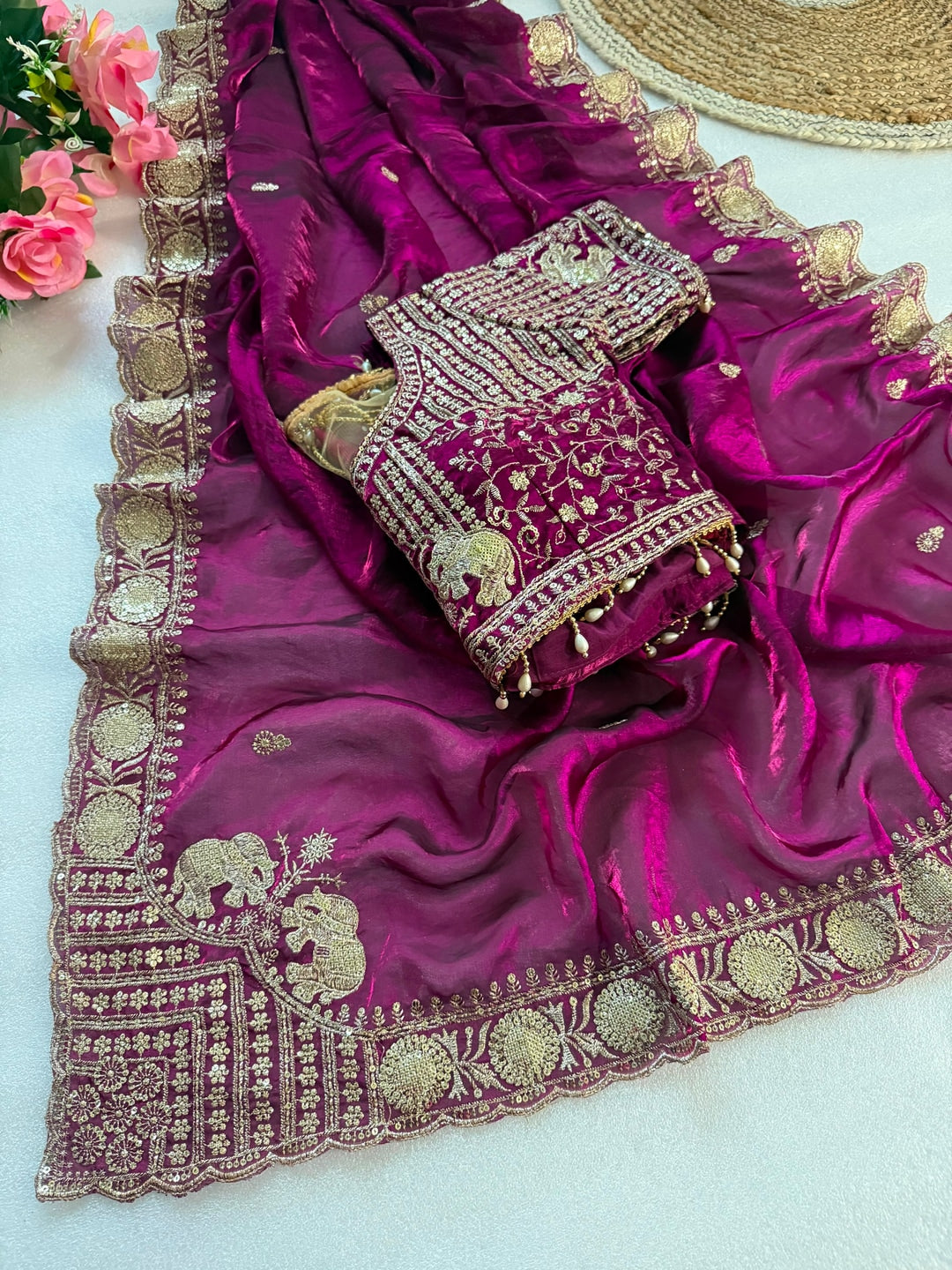 Peachmode Magenta Mirror Embroidered Fandy Satin Saree - Image 3