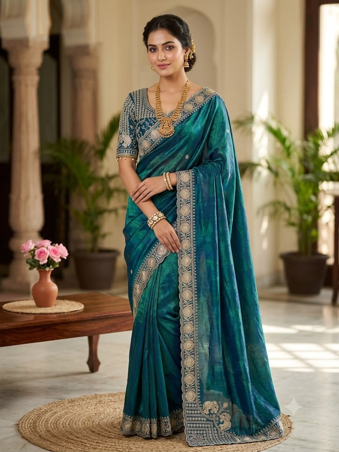 Peachmode Teal Blue Mirror Embroidered Fandy Satin Saree - Image 1