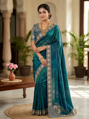Peachmode Teal Blue Mirror Embroidered Fandy Satin Saree - Image 1