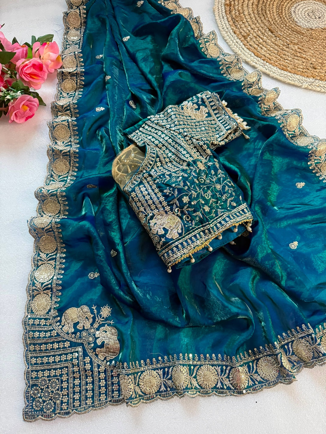 Peachmode Teal Blue Mirror Embroidered Fandy Satin Saree - Image 3