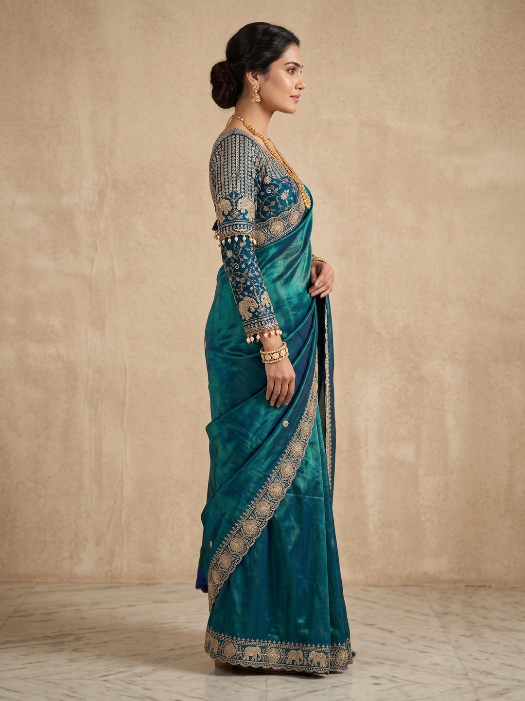 Peachmode Teal Blue Mirror Embroidered Fandy Satin Saree - Image 4