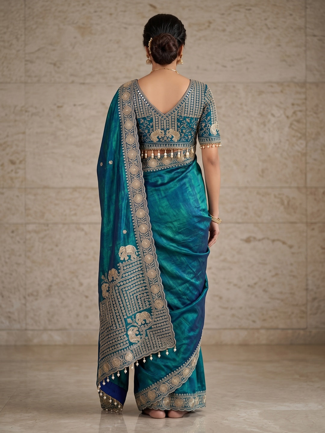 Peachmode Teal Blue Mirror Embroidered Fandy Satin Saree - Image 5