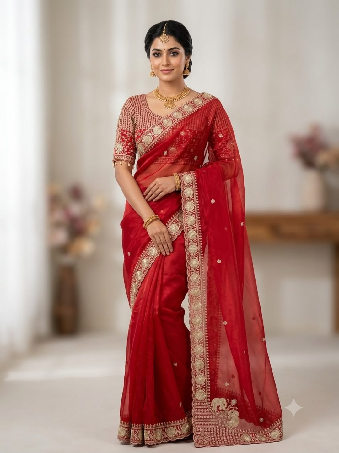 Peachmode Red Mirror Embroidered Fandy Satin Saree - Image 1
