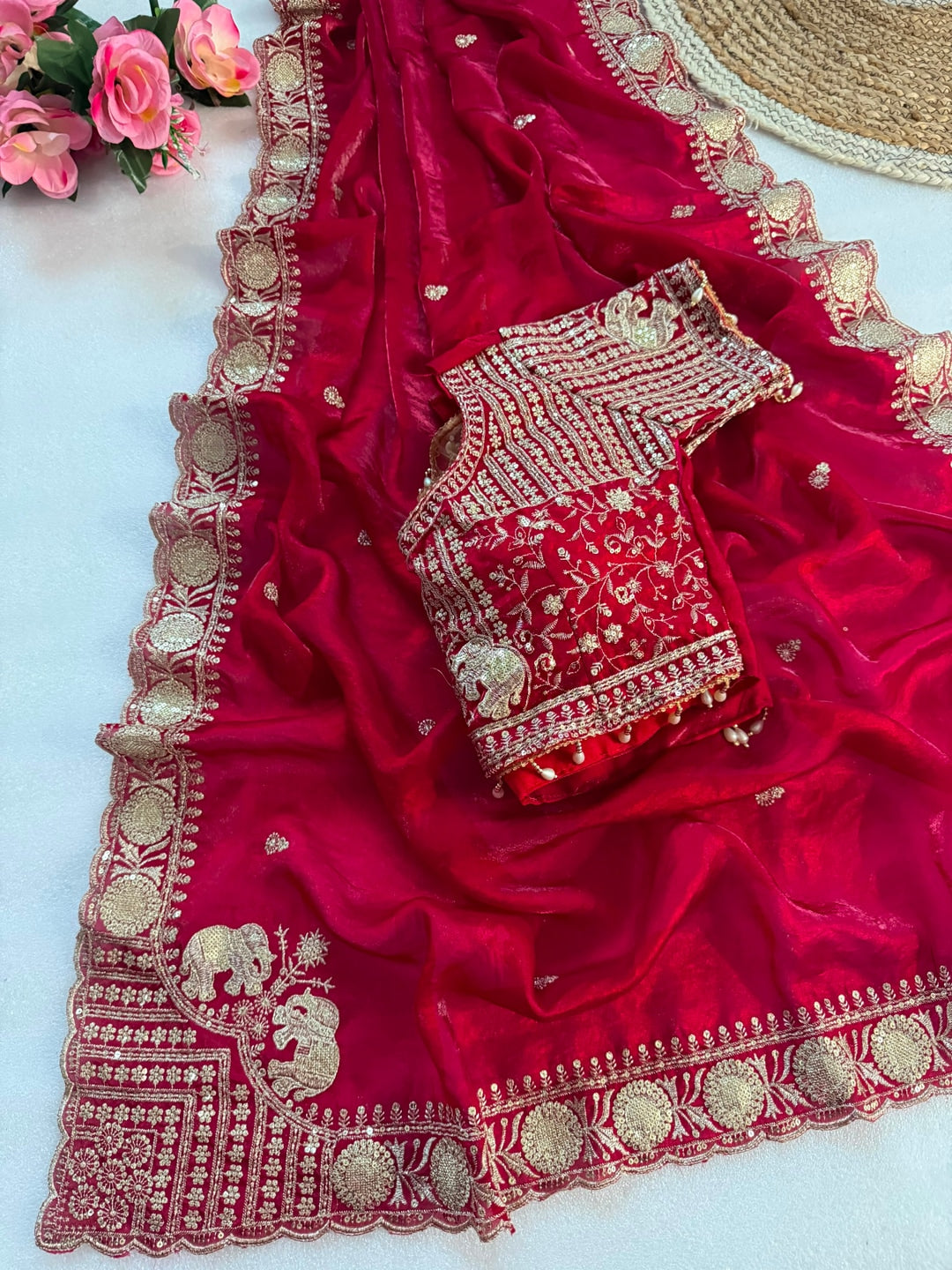 Peachmode Red Mirror Embroidered Fandy Satin Saree - Image 3